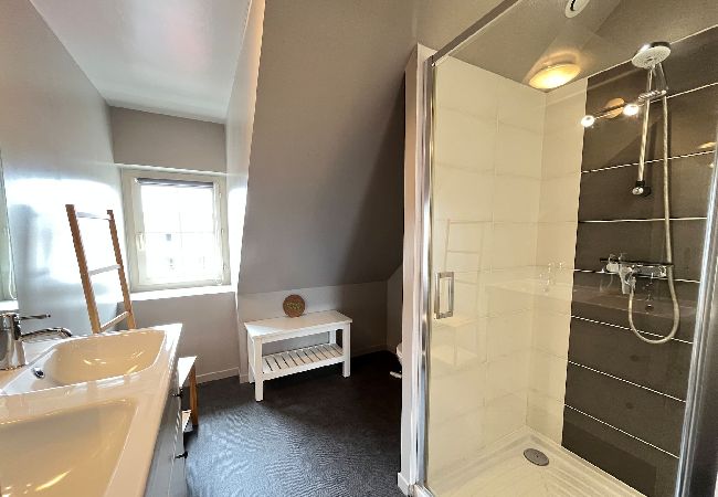 Shower, vanity unit, bedroom