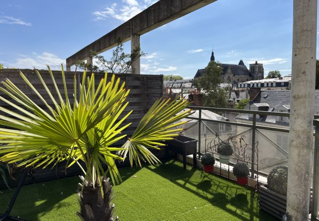 Terrace, palm tree, city 