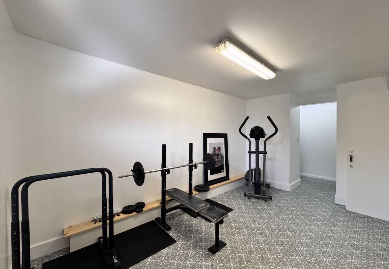  Máquina de remo, banco de pesas y estación de entrenamiento.