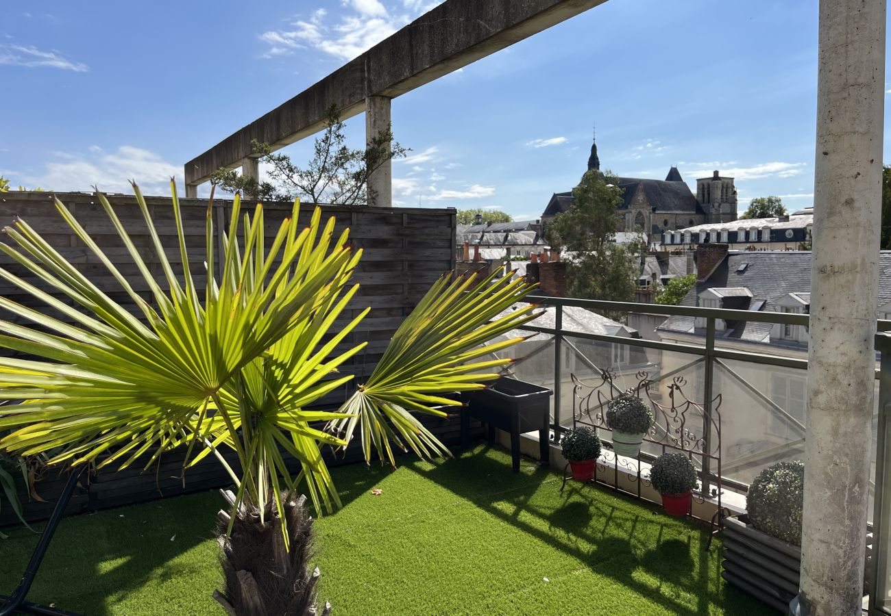 Terrasse, palmier, ville 